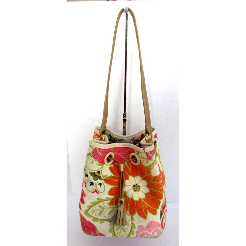 Spartina 449 Daufuskie Floral Bucket Bag Linen Leather Shoulder Purse - Picture 2 of 12